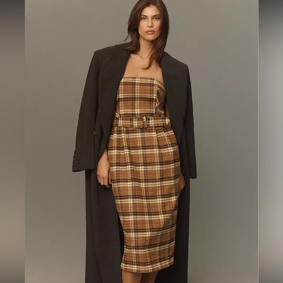 Anthropologie Dresses & Skirts - Anthropologie Brown Plaid Strapless Dress with Black Coat